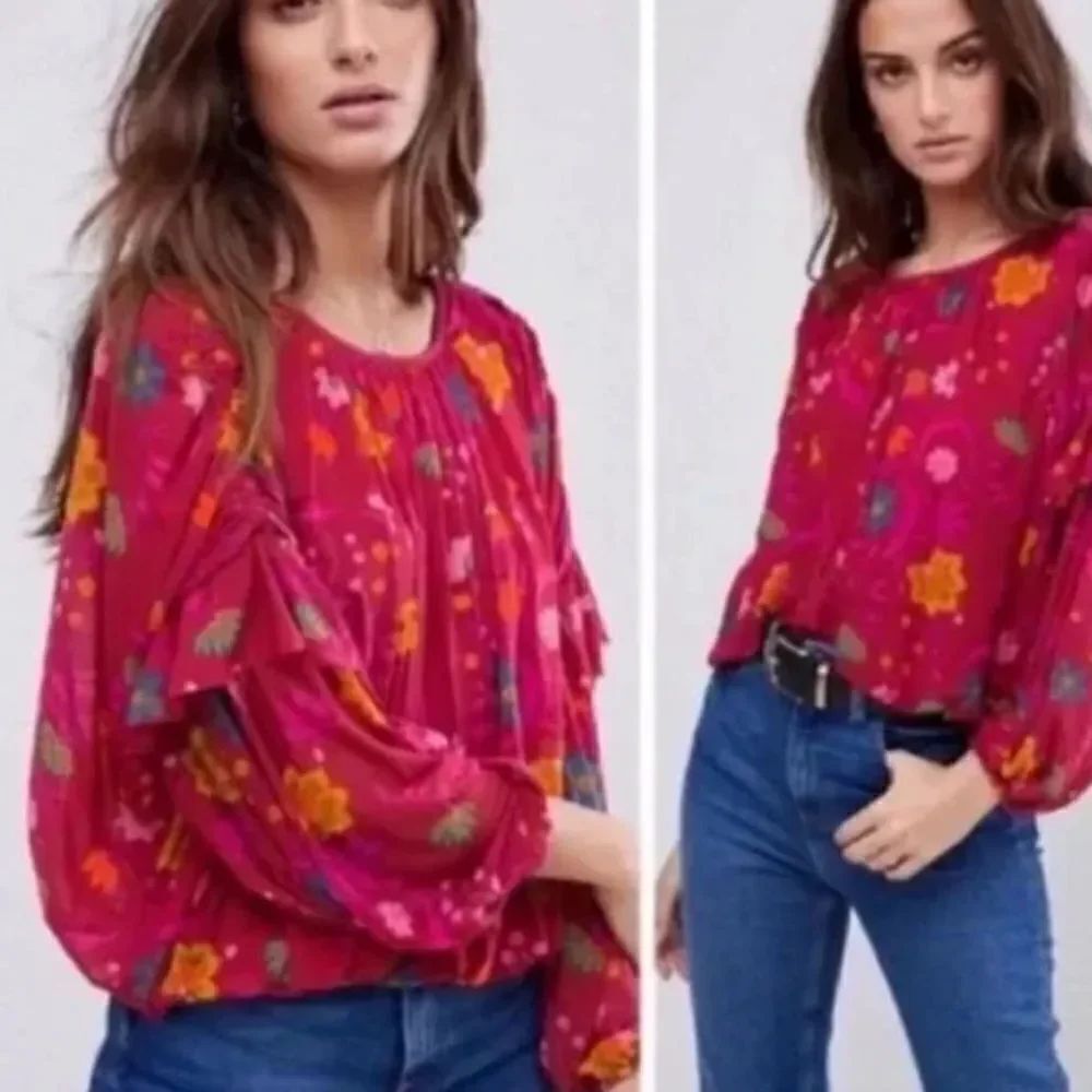 Free People Floral Chiffon Ruffled Blouse XS